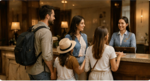 Travel guests checking into a hotel